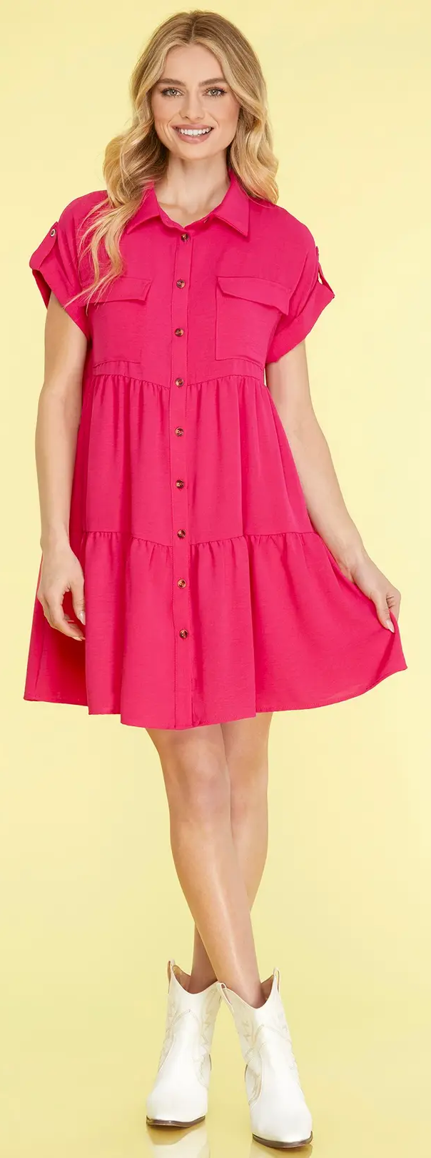 hot pink tiered ruffle dress Hot Pink Tiered Tulle V-neck Dress
